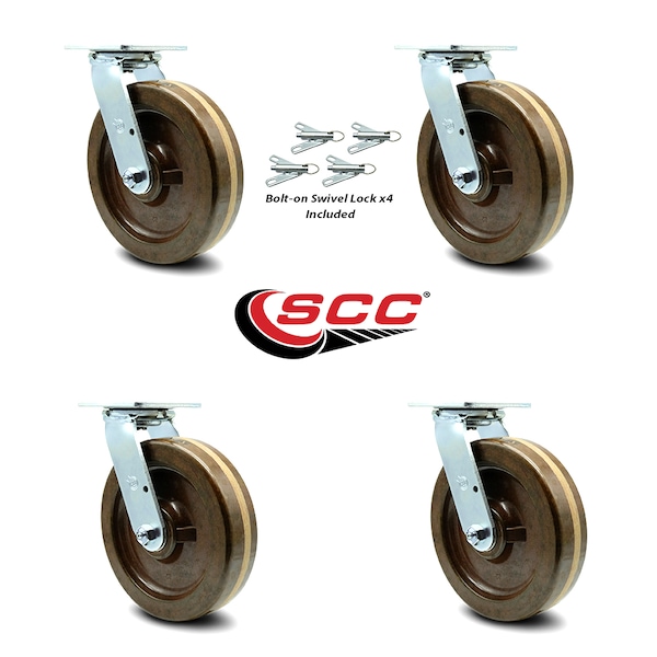 8 Inch High Temp Phenolic Swivel Caster Set with Roller Bearing and Swivel Lock